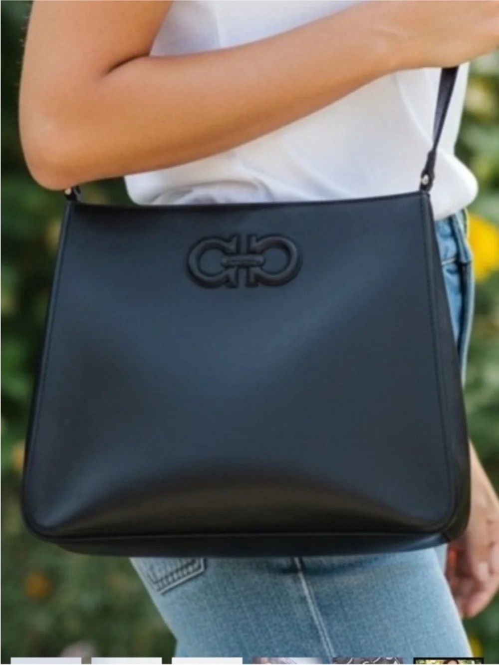 Salvatore Ferragamo Vintage Black Leather Messenger Bag with Gancini Detail